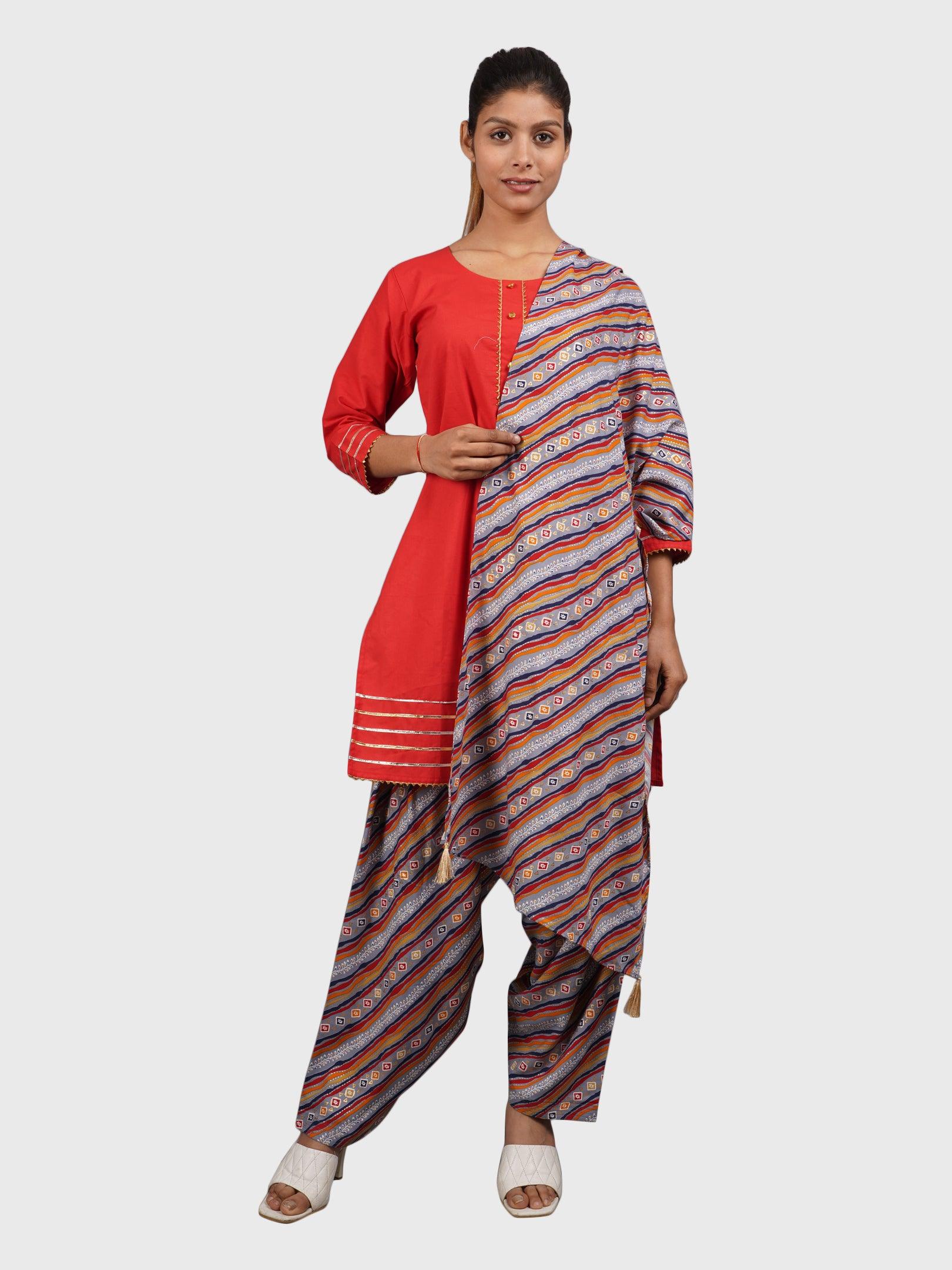 Women Plain Red Kurta with Stripe Blue Salwar and Dupatta XXXL