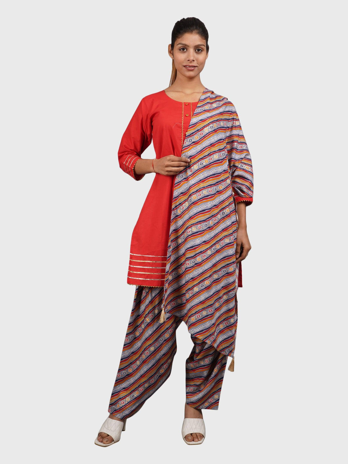 Women Plain Red Kurta with Stripe Blue Salwar and Dupatta XXXL