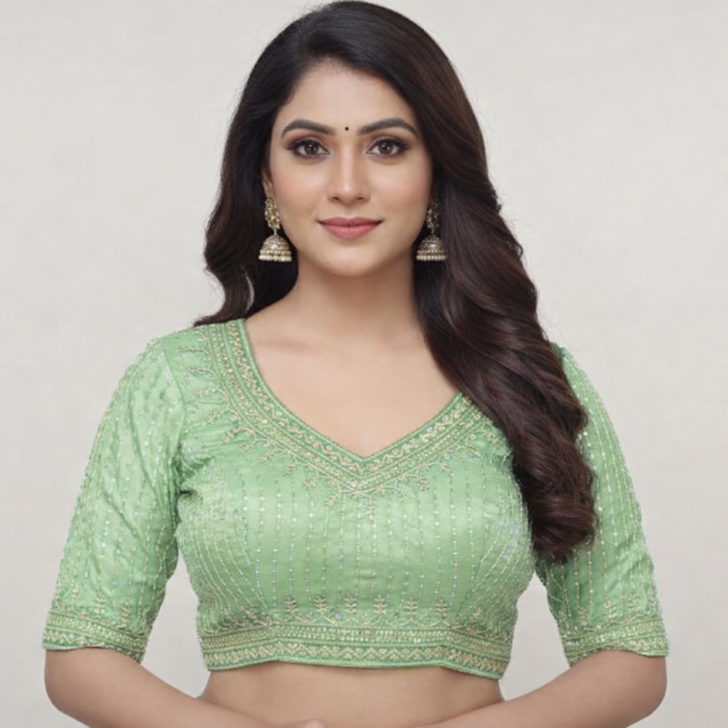 Devika Premium Mint Green V-Neck Blouse with Gold Sequin Stripes