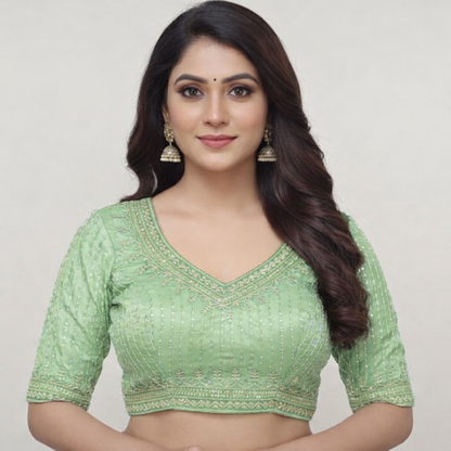 Devika Premium Mint Green V-Neck Blouse with Gold Sequin Stripes