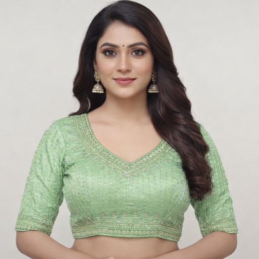 Devika Premium Mint Green V-Neck Blouse with Gold Sequin Stripes