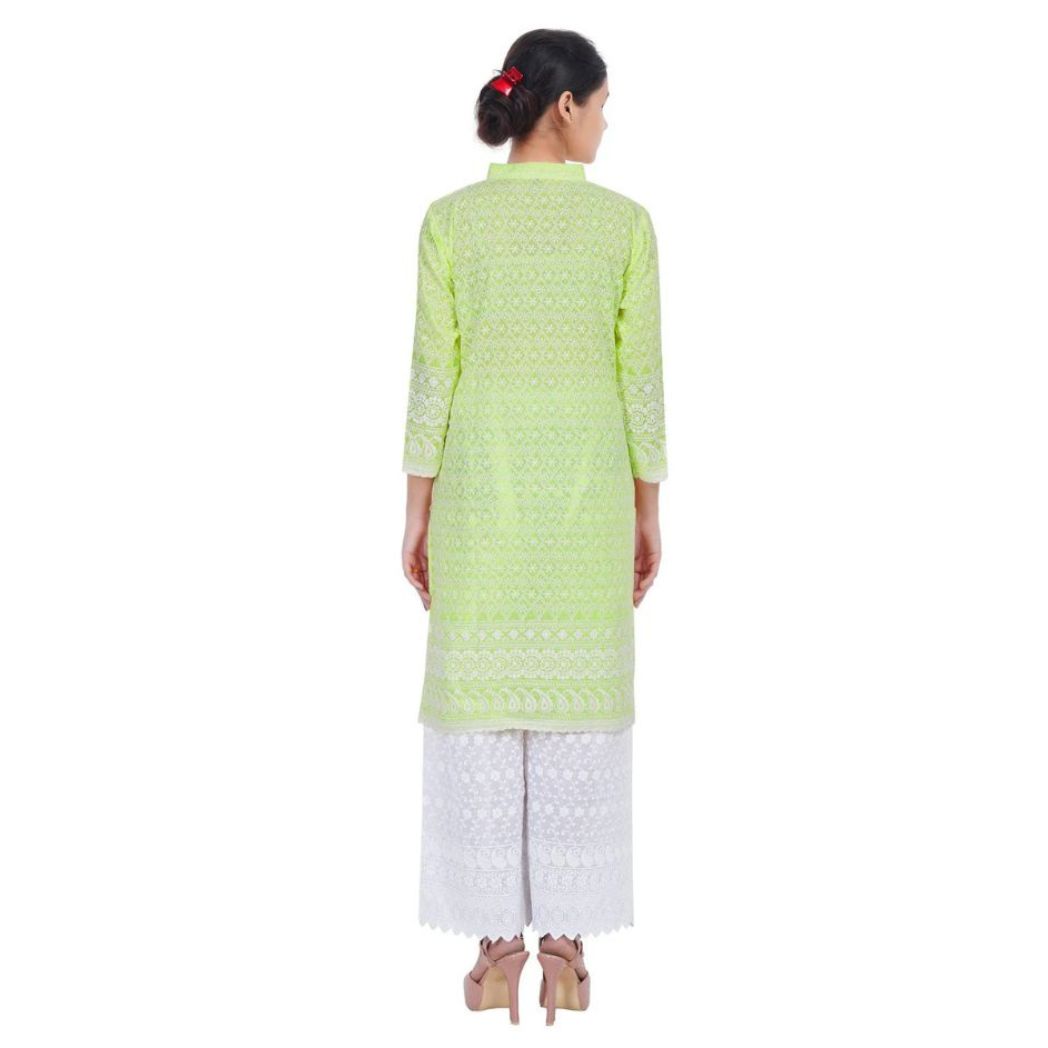 Women Pista Green Chicken Embroidered Straight Kurta