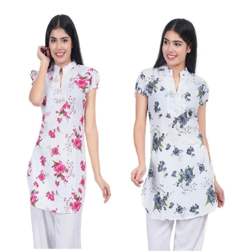 Women Red-Grey Printed Straight Kurta Pack Of 2