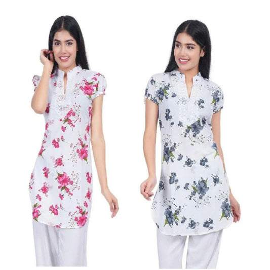 Women Red-Grey Printed Straight Kurta Pack Of 2