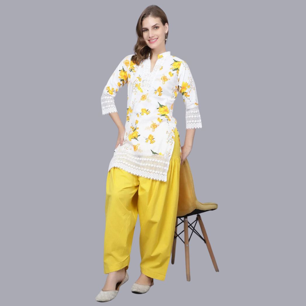 Indian Women Apple Cut Yellow Floral Print Pure Cotton Straight Kurta