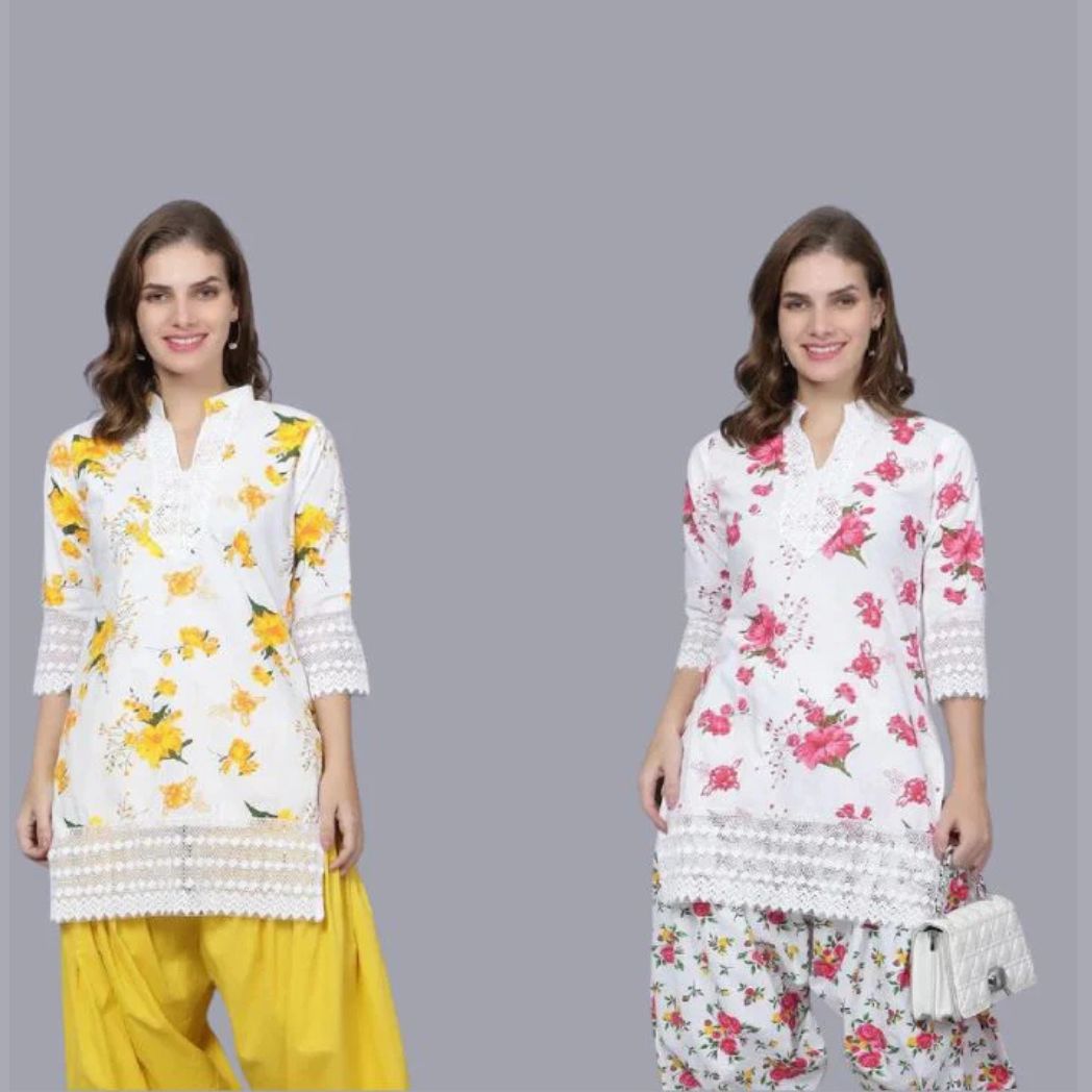 Pack of 2 Set Women Floral Print Cotton Blend Straight Kurta  (Yellow, Red)