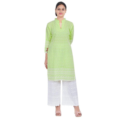 Women Pista Green Chicken Embroidered Straight Kurta
