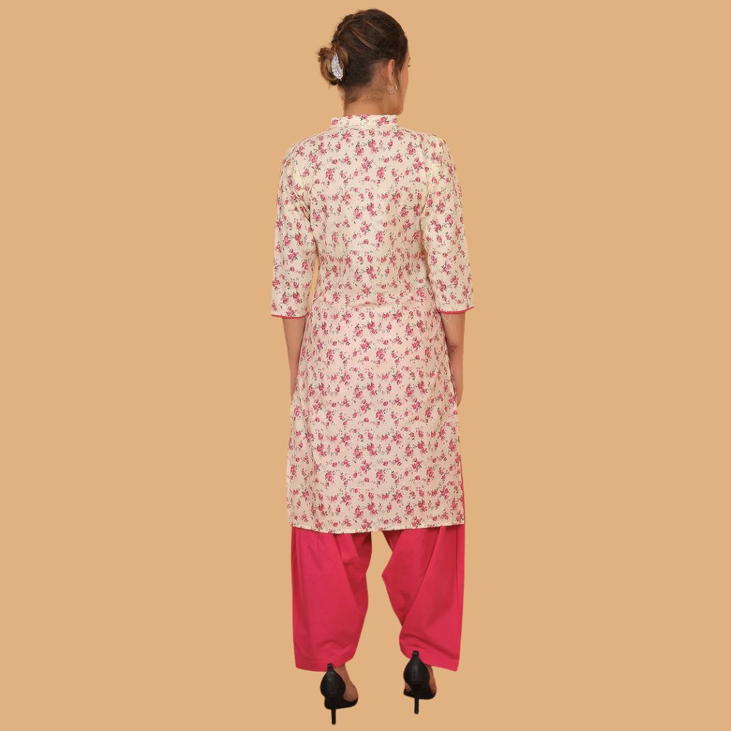 Women Cream and Pink Floral Printed Cotton Kurta with One Side Pocket