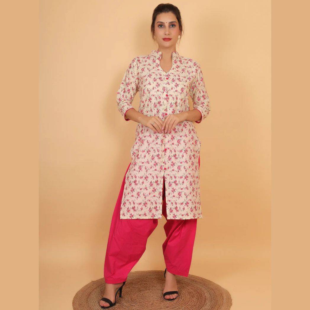 Women Cream and Pink Floral Printed Cotton Kurta with One Side Pocket