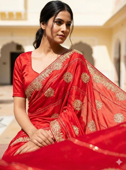Ethereal Red Satin Chiffon Saree with Golden Serosqui Work #40315