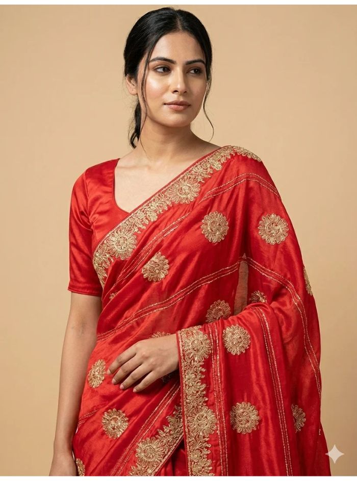 Ethereal Red Satin Chiffon Saree with Golden Serosqui Work #40315