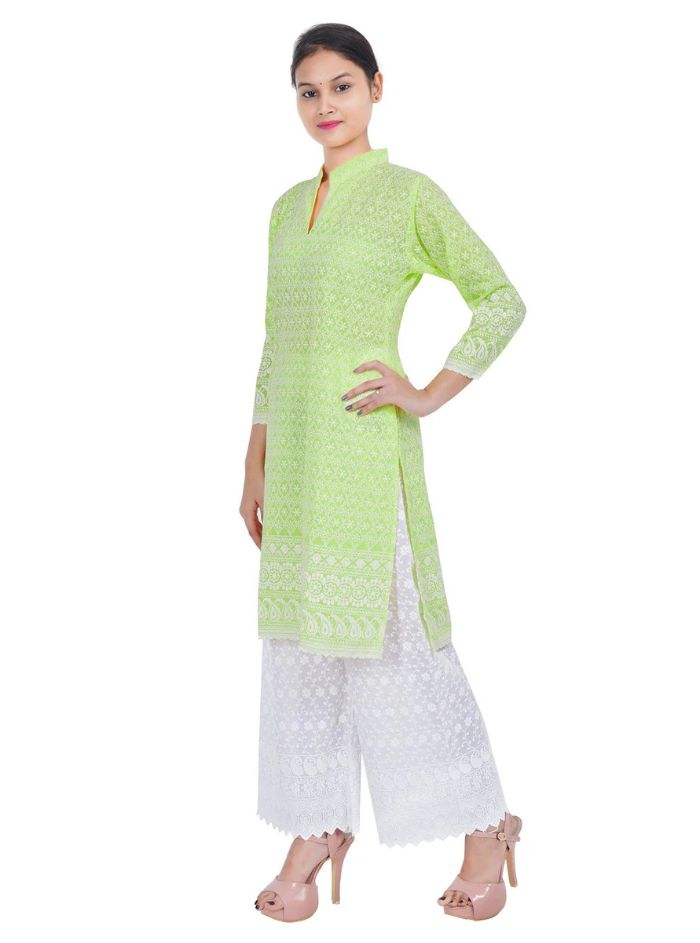 Women Pista Green Chicken Embroidered Straight Kurta
