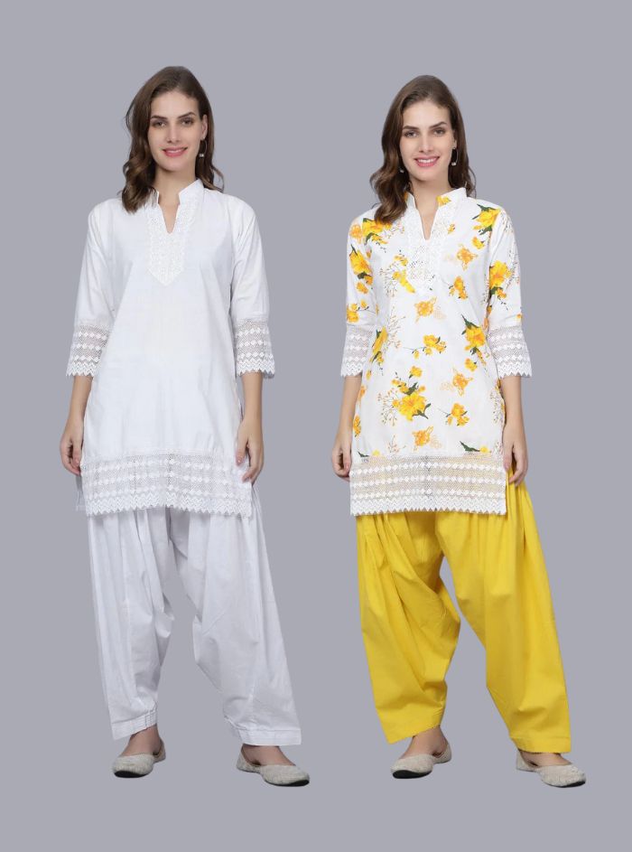 Pack of 2 Women Floral Print Cotton Blend Straight Kurta (Yellow, White)