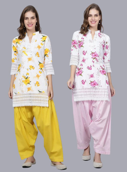Pack of 2 Women Floral Print Cotton Blend Straight Kurta  (Yellow, Pink)