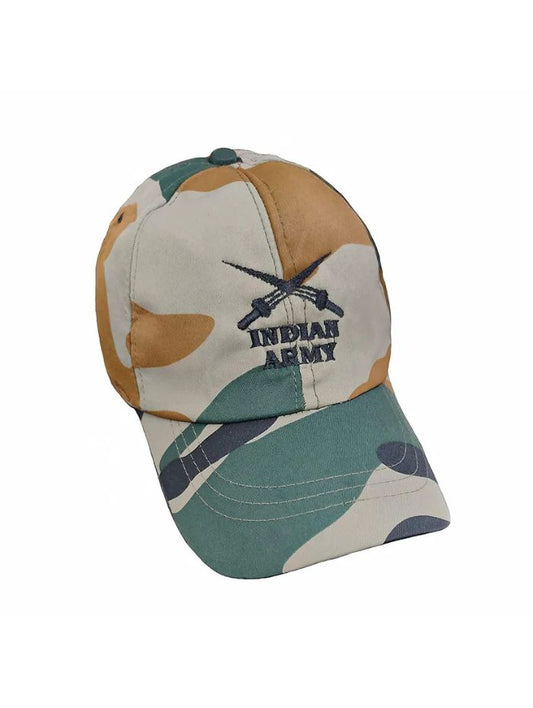 Indian Army Military Cap_Cotton for Men & Women, Commando Soldiers Camouflage Army Symbol Printed Cap with Adjustable Strap -Free Size
