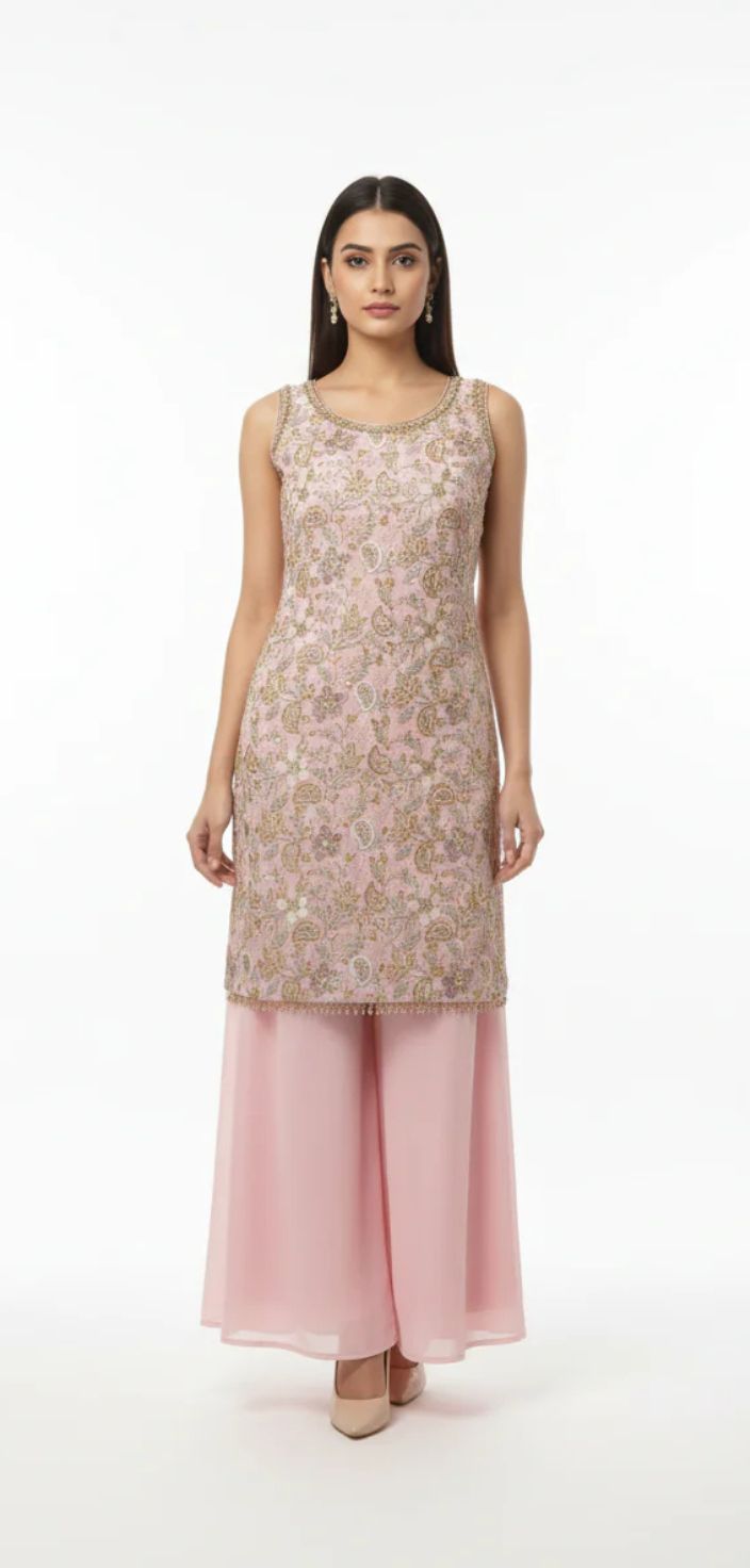 Baby Pink Georgette Kurta Palazzo Set-FREE SIZE