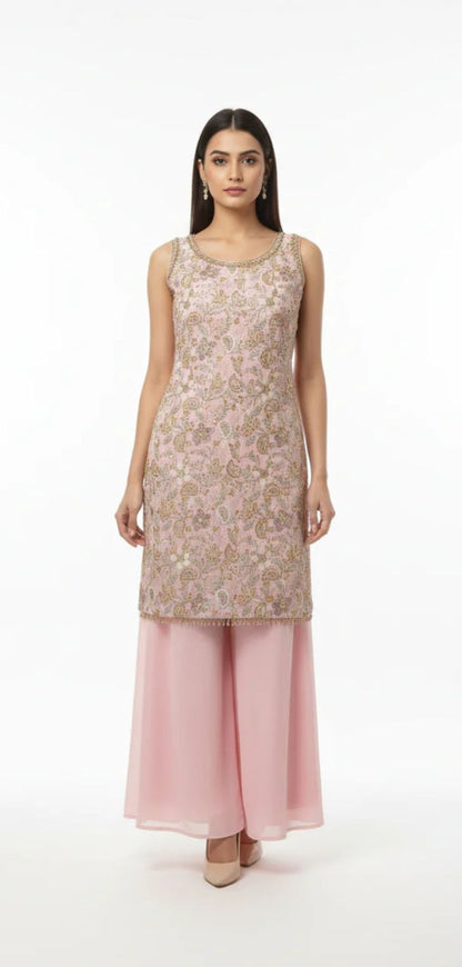 Baby Pink Georgette Kurta Palazzo Set-FREE SIZE