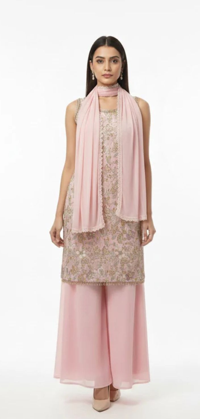 Baby Pink Georgette Kurta Palazzo Set-FREE SIZE