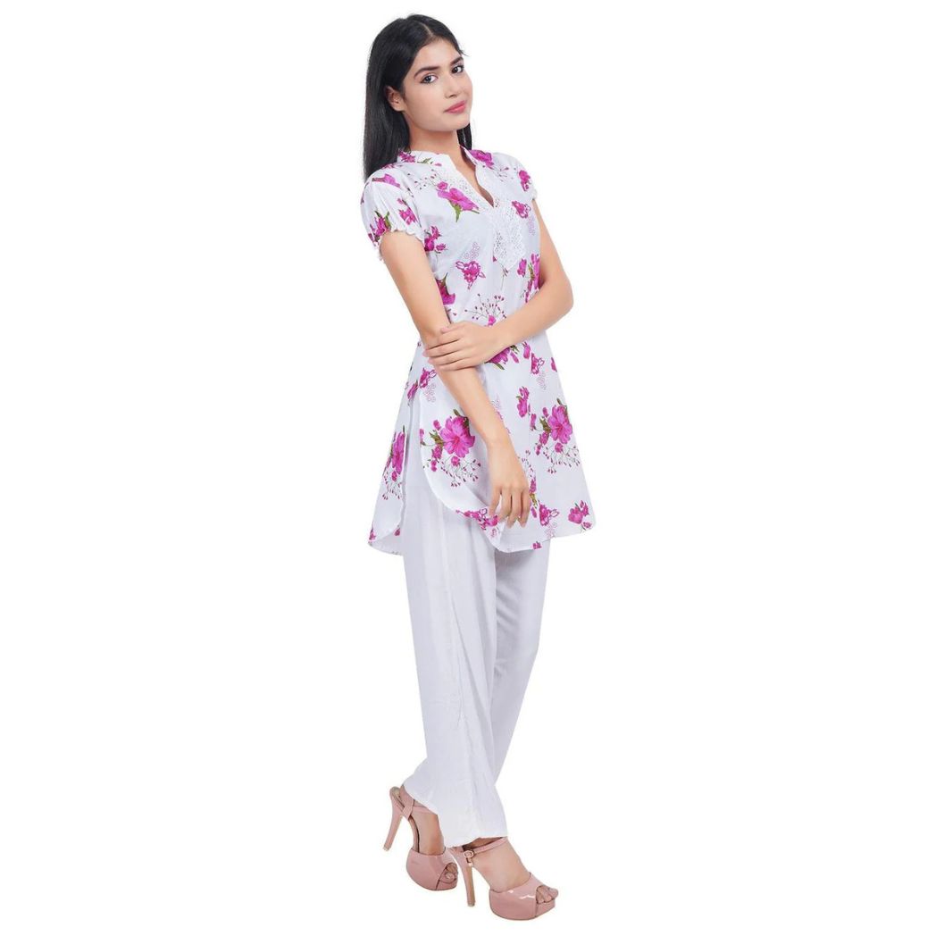 Women Pink Printed Straight Kurta-Flower Print