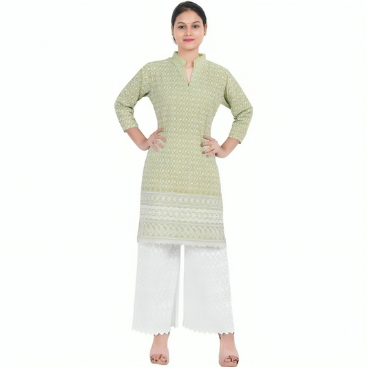 Women Mehandi Chicken Embroidered Straight Kurta