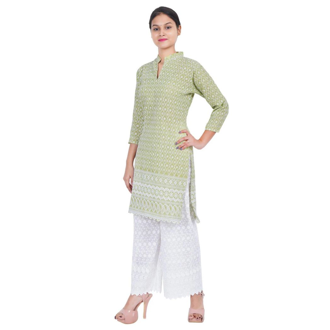 Women Mehandi Chicken Embroidered Straight Kurta