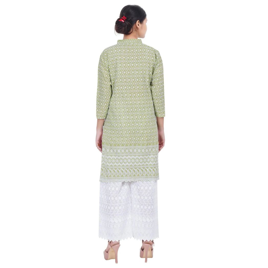 Women Mehandi Chicken Embroidered Straight Kurta