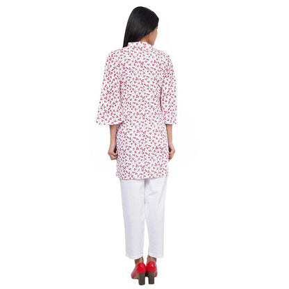Women White and Red Floral Printed Straight Kurta