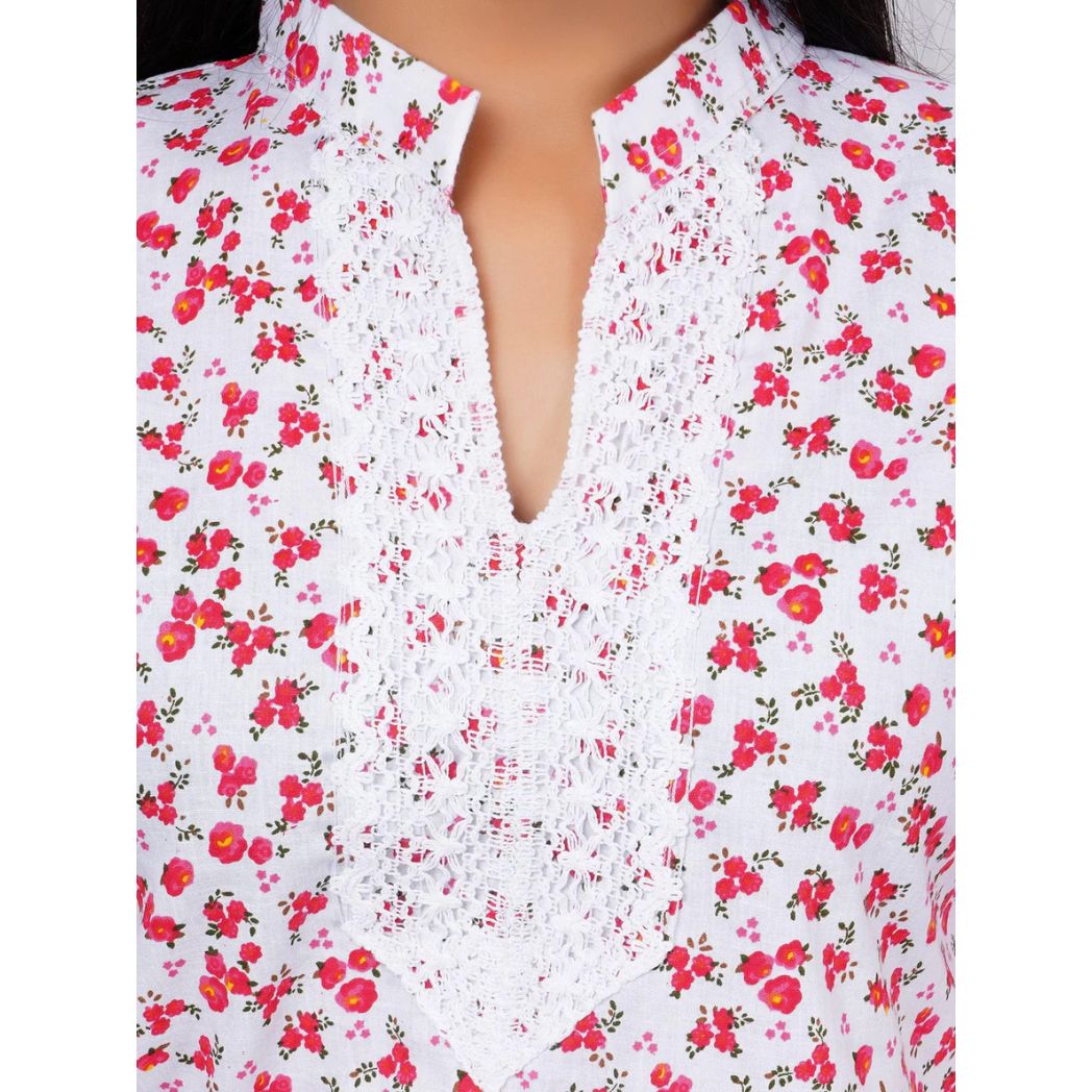 Women White and Red Floral Printed Straight Kurta