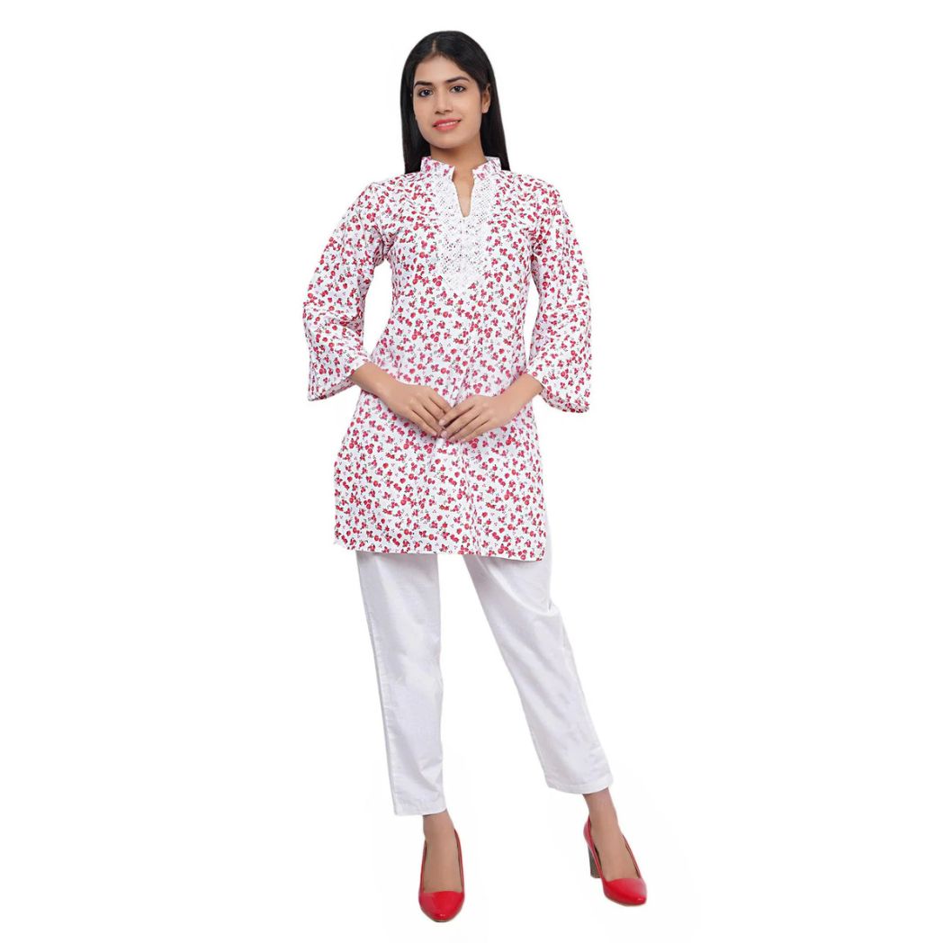 Women White and Red Floral Printed Straight Kurta