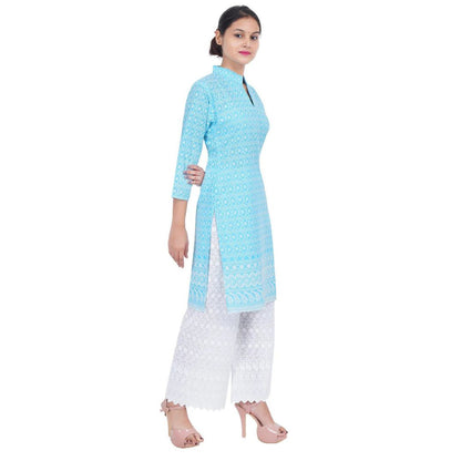 Women Sky Blue Chicken Embroidered Straight Kurta