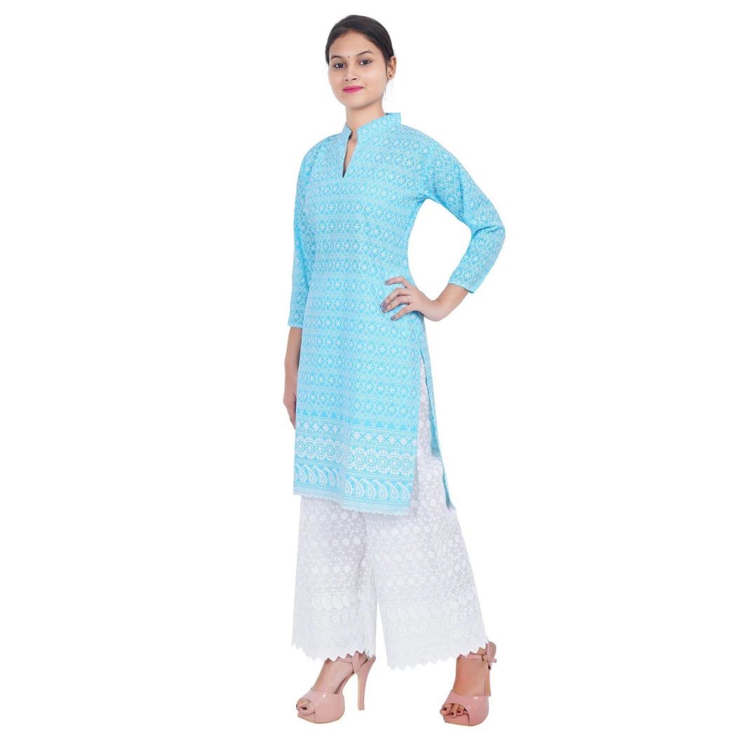 Women Sky Blue Chicken Embroidered Straight Kurta