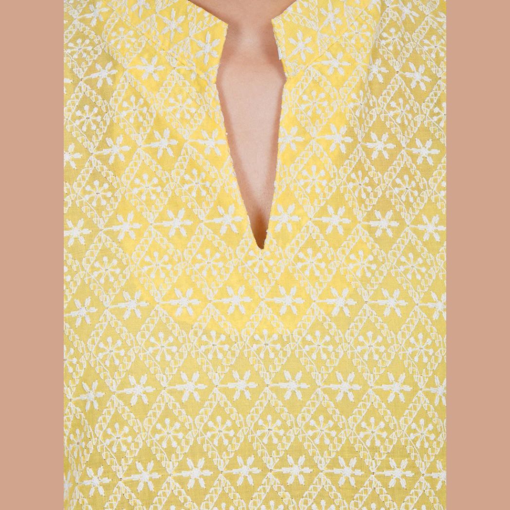 Women Yellow Chicken Embroidered Straight Kurta