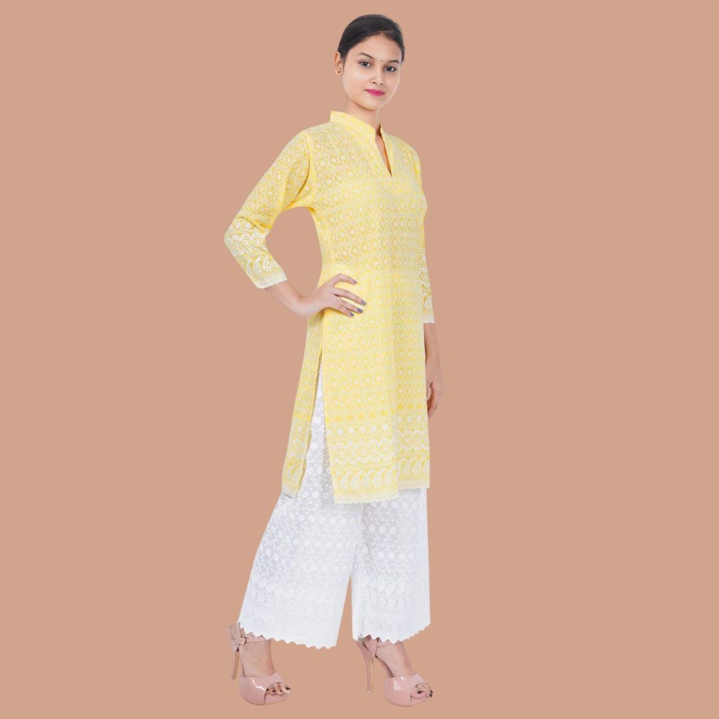 Women Yellow Chicken Embroidered Straight Kurta