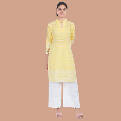 Women Yellow Chicken Embroidered Straight Kurta