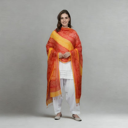 Women’s Cotton Blend Bandhani Dupatta with Leheriya Print & Tassels – Orange & Yellow Festive Ethnic Wrap
