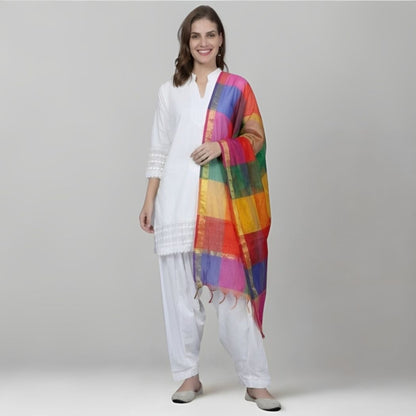 Multicolored Chanderi Cotton Silk Checked Dupatta with Golden Zari Border