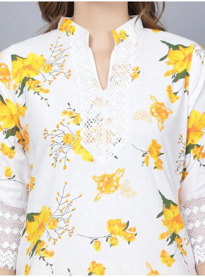 Pack of 2 Set Women Floral Print Cotton Blend Straight Kurta  (Yellow, Red)