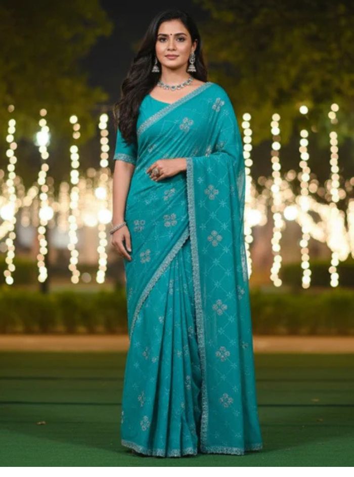 Women Teal Blue Georgette Saree with Silver Sequin Embroidery & Matching Blouse Piece