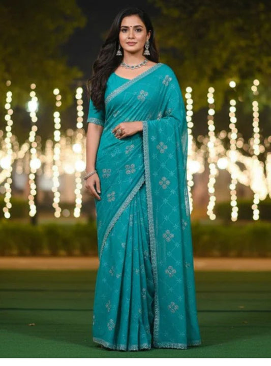 Women Teal Blue Georgette Saree with Silver Sequin Embroidery & Matching Blouse Piece