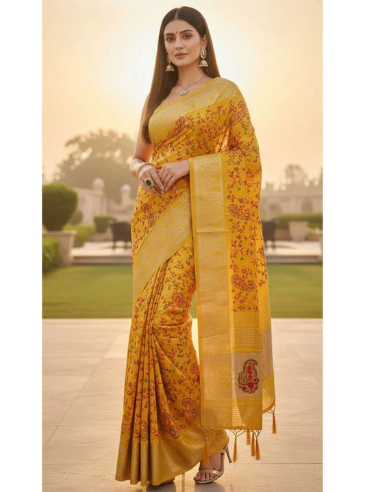 Women Mustard Yellow Silk Saree with Kashmiri Multi thread Embroidery – Karva Chauth Special