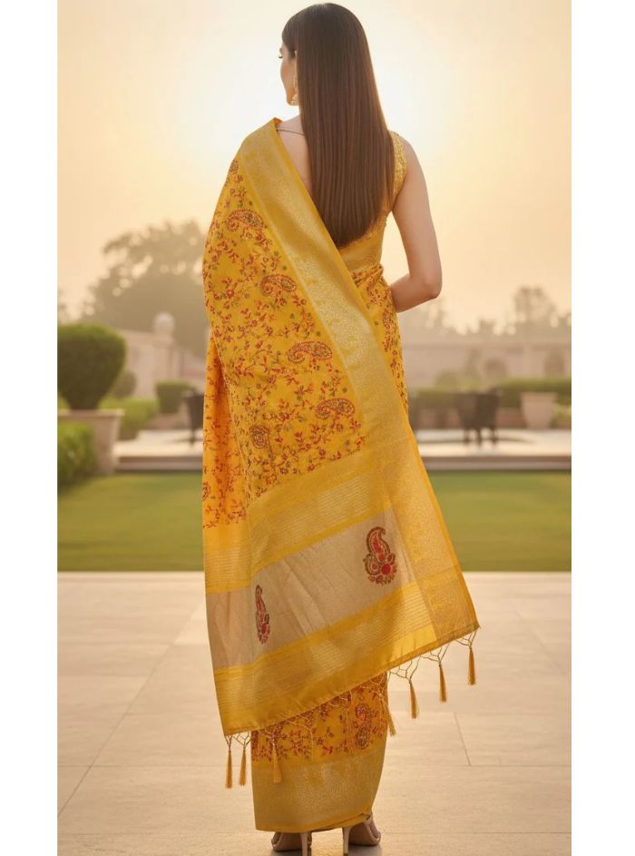 Women Mustard Yellow Silk Saree with Kashmiri Multi thread Embroidery – Karva Chauth Special