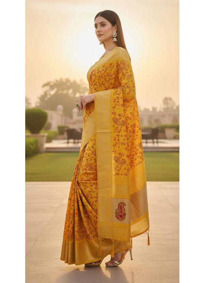 Women Mustard Yellow Silk Saree with Kashmiri Multi thread Embroidery – Karva Chauth Special