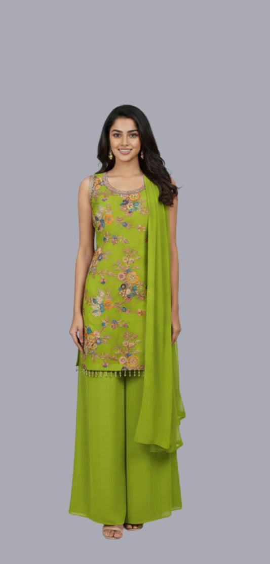 Mahndi Green Silk Sharara Set with Multi-Thread Embroidery
