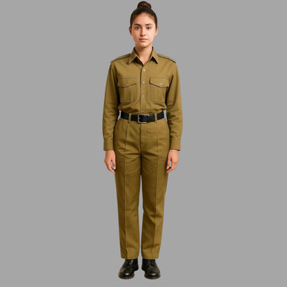 Girl's Khaki Cotton Uniform-Blend Khaki Uniform Set, Full Sleeve Shirt and Trouser Combo, Cadet Dress