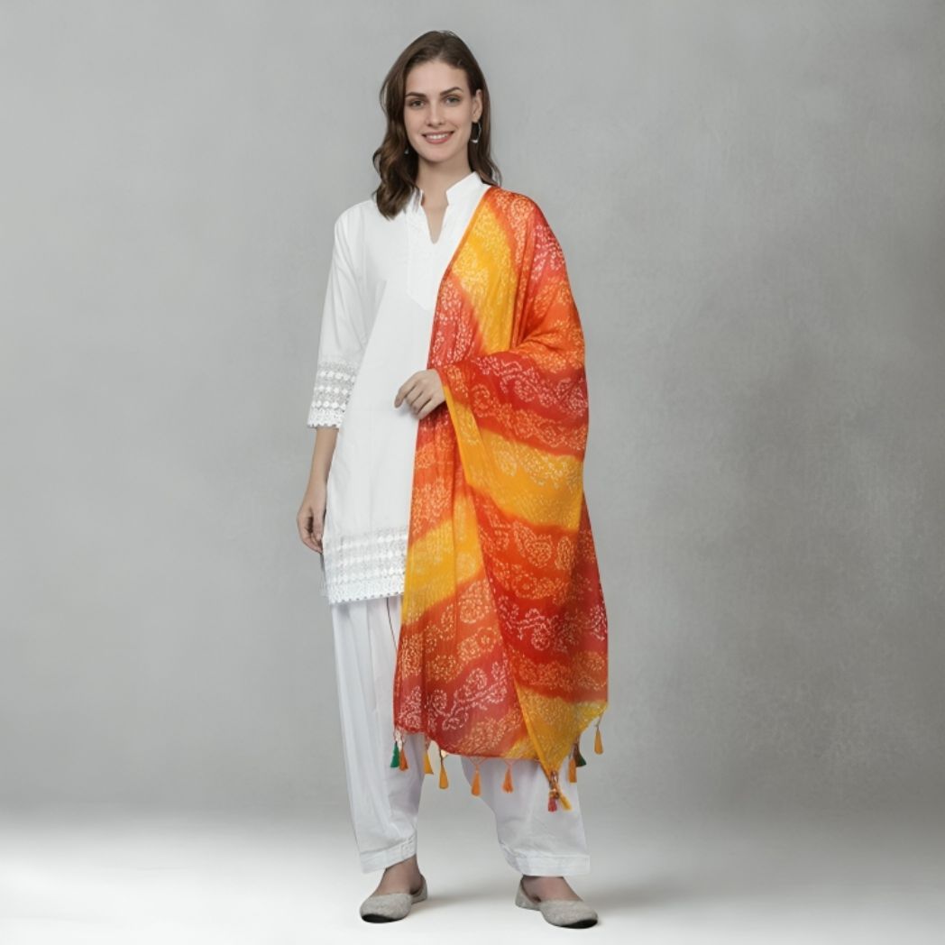 Women’s Cotton Blend Bandhani Dupatta with Leheriya Print & Tassels – Orange & Yellow Festive Ethnic Wrap