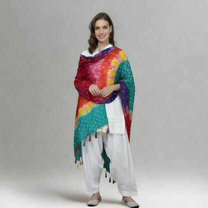 Women’s Vibrant Multi-Color Bandhani Print Silk Blend Dupatta with Tassel Border