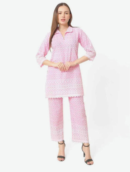 Women Chiken Embroidery Cotton Blend Pink Cord Set-USA