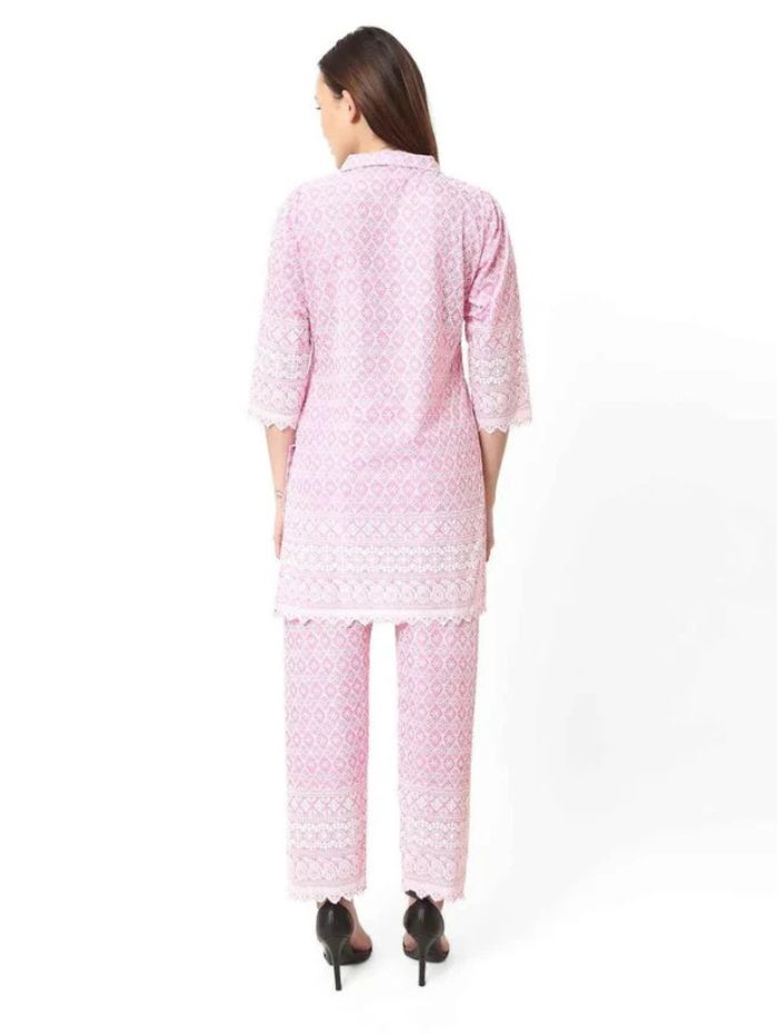 Women Chiken Embroidery Cotton Blend Pink Cord Set