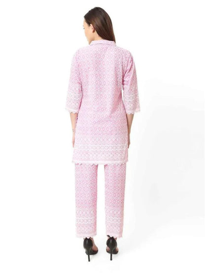 Women Chiken Embroidery Cotton Blend Pink Cord Set