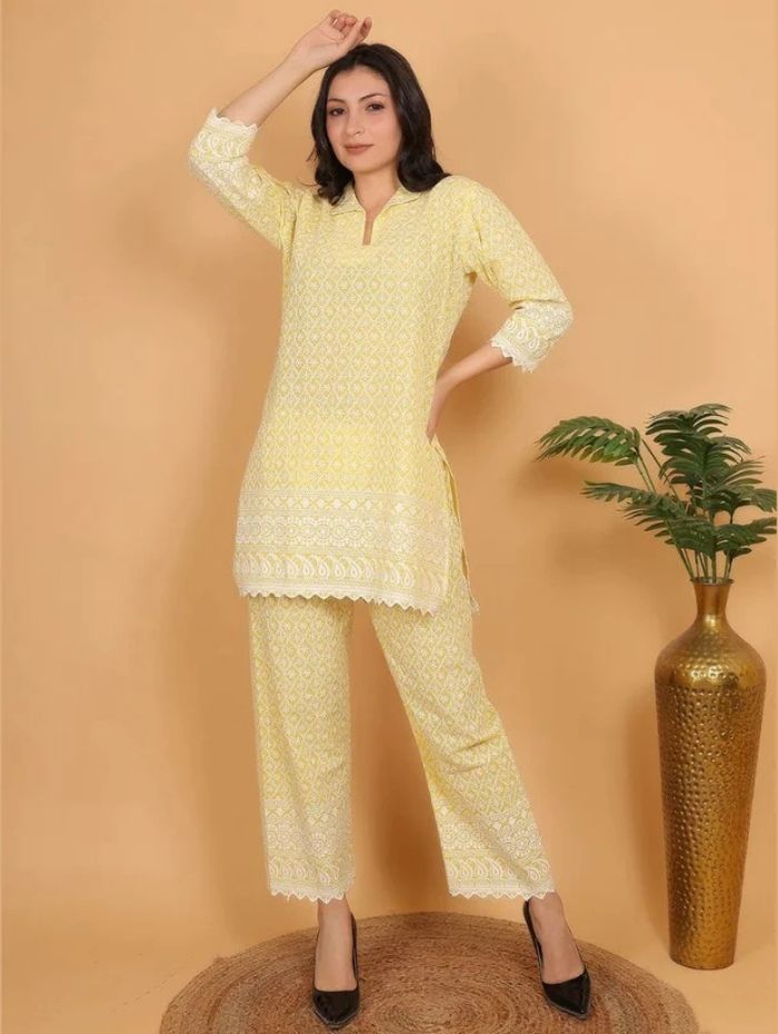 Yellow Ethnic Chikan Embroidery Cotton Coord Set